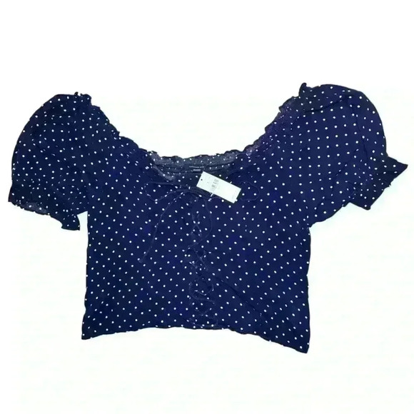 NWTAmerican Eagle navy polka dot lace up smocked back crop top XL - Picture 1 of 10